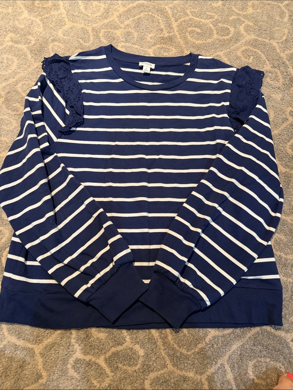 Women’s Navy & White Striped Long-Sleeve Top with Eyelet Ruffle